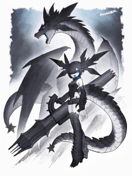 1girl black_hair black_rock_shooter black_rock_shooter_(character) black_shorts blue_eyes boxcutter0 cannon claws dragon dragon_tail dragon_wings fantasy highres medium_hair monster pale_skin scales shorts tail twintails wings
