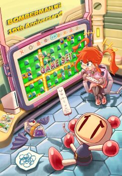 +++ 1boy 1girl anna_(bomberman) anniversary artist_name bat_wings belt belt_buckle black_belt black_gloves black_thighhighs blue_eyes bomberman bomberman_blast brooch buckle controller copyright_name crystal dress fingerless_gloves game_console game_controller glasses gloves hashtag-only_commentary highres holding holding_controller holding_game_controller indoors jacket jewelry long_sleeves looking_at_screen maribou_(supermaribou) medium_hair nova_crystal one-eyed open_mouth orange_hair pink_dress pink_shoes playing_games red_eyes rope shoes sidelocks sitting sleeves_past_wrists solid_oval_eyes speech_bubble spoken_squiggle squiggle sweatdrop tears television thighhighs twintails twitter_username video_game white_bomberman white_jacket wii wii_remote wings zettai_ryouiki