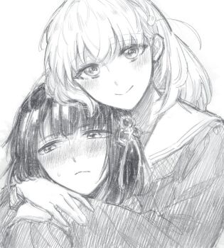 2girls averting_eyes cerise_bouquet closed_mouth commentary flower flower_knot frown graphite_(medium) greyscale hair_flower hair_ornament half-closed_eyes hasu_no_sora_school_uniform highres hinoshita_kaho hug hug_from_behind link!_like!_love_live! long_sleeves looking_at_viewer love_live! medium_hair momose_ginko monochrome multiple_girls rabbit_hair_ornament sailor_collar school_uniform simple_background smile split_mouth sweatdrop traditional_media two_side_up upper_body virtual_youtuber white_background winter_uniform yuri zenma_trang