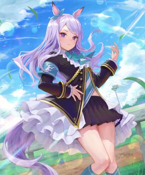 1girl animal_ears arm_up black_jacket black_skirt bow breasts closed_mouth cloud collar dot_nose ear_ribbon female_focus flat_color frilled_collar frilled_jacket frilled_skirt frills game_cg green_bow green_ribbon green_socks horse_ears horse_girl horse_tail jacket juliet_sleeves layered_skirt legs long_hair long_sleeves looking_at_viewer mejiro_mcqueen_(frontline_elegance)_(umamusume) mejiro_mcqueen_(umamusume) midriff miniskirt navel official_art outdoors pleated_skirt puffy_long_sleeves puffy_sleeves purple_eyes purple_hair purple_tail ribbon sexually_suggestive shadowverse skirt sky small_breasts socks solo solo_focus stomach sunlight sweat sweatdrop tail thighs umamusume