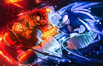 2boys animal_ears battle brown_hair clash crossover expressionless fire gloves hat highres image_sample looking_at_another mario mario_(series) md5_mismatch multiple_boys nintendo overalls resolution_mismatch sega smug sonic_(series) sonic_the_hedgehog source_larger twitter_sample