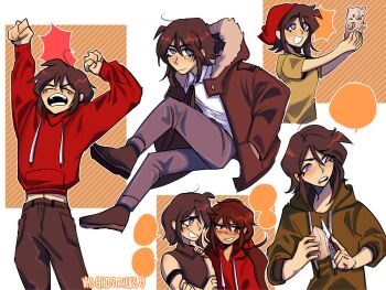 2girls alternate_costume arms_up artist_name blank_speech_bubble blush brown_coat brown_hair brown_pants brown_shoes clip_studio_paint_(medium) closed_eyes coat collared_shirt commentary commission cowboy_shot cropped_torso crossed_arms danganronpa:_trigger_happy_havoc danganronpa_(series) danganronpa_another_episode:_ultra_despair_girls danganronpa_v3:_killing_harmony english_commentary freckles full_body green_hoodie green_shirt hand_on_another&#039;s_shoulder hands_in_pockets harukawa_maki headscarf highres holding holding_knife hood hood_down hooded_coat hoodie ikusaba_mukuro in-franchise_crossover knife long_sleeves multiple_girls multiple_views open_mouth outline pants purple_eyes red_eyes red_headscarf red_hoodie shirokuma_(danganronpa) shirt shoes short_hair short_sleeves speech_bubble stretching teeth upper_teeth_only vhsghostricks white_outline white_shirt whittling