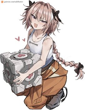 1boy :d absurdres aperture_science_weighted_companion_cube astolfo_(fate) bare_arms bare_shoulders black_bow bow braid chell chell_(cosplay) clothes_writing collarbone commentary commission cosplay english_commentary eyes_visible_through_hair fang fate/grand_order fate_(series) full_body hair_between_eyes hair_bow hair_intakes half-closed_eyes heart highres light_blush long_braid long_fall_boots long_hair looking_at_viewer male_focus nabibutter open_mouth orange_pants pants patreon_logo patreon_username pink_eyes pink_hair portal_(series) portal_1 simple_background single_braid skin_fang smile solo squatting tank_top trap very_long_hair white_background white_tank_top xcider
