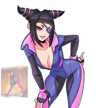 1girl black_gloves black_hair bodysuit breasts cleavage derivative_work eyepatch fingerless_gloves gloves grin han_juri hand_on_own_hip hand_on_own_leg hashtag-only_commentary highres looking_at_viewer medium_breasts pink_eyes purple_bodysuit screenshot_redraw short_hair sidelocks smile solo street_fighter street_fighter_6 terokich
