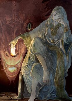 Rule 34 | 1girl, absurdres, ajitsuke nori, barefoot, burning, burning paper, circlet, closed eyes, closed mouth, commentary request, crossed legs, dragon, foot out of frame, full body, gold trim, grey hair, grey robe, highres, holding, holding paper, jewelry, long hair, long sleeves, necklace, original, paper, parted hair, ring, robe, sitting, solo, stone floor