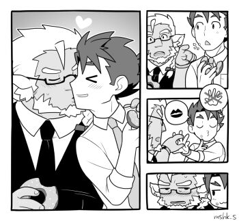 >_< 2boys :3 age_difference bara blush chibi chibi_inset donut food food_on_face formal_clothes from_side glasses greyscale heart holding_hands huckle_(live_a_hero) kiss kissing_cheek live_a_hero male_focus male_protagonist_(live_a_hero) masa_(mshk_s) mature_male monochrome multiple_boys necktie no_(gesture) pectorals sequential short_hair shy smile solo_focus thick_eyebrows vest yaoi