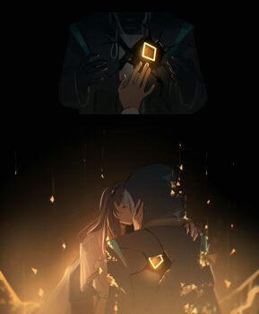 Rule 34 | 1girl, 1other, absurdres, ambiguous gender, arknights, black coat, black gloves, black hairband, breaking, breasts, closed eyes, coat, death, diamond-shaped pupils, diamond (shape), doctor (arknights), elloy (ajhz2533), gloves, hairband, hand on another's face, hand on another's shoulder, highres, hood, hood up, hooded coat, jacket, kiss, lab coat, leaning forward, long sleeves, originium (arknights), priestess (arknights), shirt, sweater, symbol-shaped pupils, turtleneck, turtleneck shirt, turtleneck sweater, white coat, white hair, white sweater