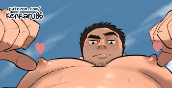 1boy bara beard_stubble black_hair facial_hair foreshortening from_below heart highres kenkaru86 large_pectorals looking_at_viewer lucas_lee male_focus muscular muscular_male nipple_stimulation nipple_tweak nude paid_reward_available pectorals raised_eyebrow scott_pilgrim_(series) scott_pilgrim_takes_off seductive_smile short_hair smile solo stubble sweat taker_pov thick_eyebrows tweaking_own_nipple upper_body