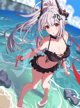 1girl absurdres alternate_costume alternate_hairstyle arknights beach bead_bracelet beads bikini black_bikini blurry blurry_background bracelet breasts collarbone commentary_request earrings frilled_bikini frills from_above grey_hair hair_between_eyes highres infection_monitor_(arknights) jewelry long_hair looking_at_viewer material_growth mudrock_(arknights) navel ocean oripathy_lesion_(arknights) outdoors pointy_ears ponytail red_eyes red_ribbon ribbon selene_(yechan1245) solo standing surf swimsuit wading