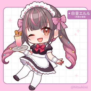1girl ;d black_dress black_hair black_shoes border bow breasts brown_eyes chibi commentary_request dress food full_body garter_straps gradient_hair grid_background hair_bow hakune_eruru hand_up hitsuki_rei holding holding_plate indie_virtual_youtuber looking_at_viewer maid_headdress medium_breasts multicolored_hair one_eye_closed open_mouth parfait pink_border pink_bow pink_hair plate puffy_short_sleeves puffy_sleeves red_bow shoes short_sleeves smile solo sparkle streaked_hair thighhighs translation_request twitter_username virtual_youtuber waitress white_background white_thighhighs wrist_cuffs