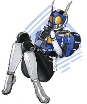 Rule 34 | 1boy, antennae, armor, belt, blue armor, bodysuit, helmet, highres, kamen rider, kamen rider den-o, kamen rider den-o (series), knees together feet apart, male focus, mask, masked, masked male, orange eyes, own hands clasped, sitting, turtle, urataros, watermark, weibo watermark