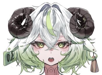 1girl absurdres animal_ears black_horns commentary_request crossed_bangs curved_horns ear_tag earrings green_eyes green_hair hair_between_eyes highres horns jewelry korean_commentary krabking looking_at_viewer medium_hair multicolored_hair open_mouth original portrait simple_background teeth two-tone_hair upper_teeth_only white_background white_hair