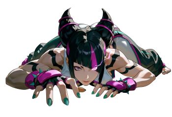 1girl absurdres ass bare_shoulders barefoot belt black_belt black_gloves black_hair bracelet breasts chinese_clothes closed_mouth commentary_request crawling diagonal_bangs dudou eye_trail eyes_visible_through_hair eyeshadow feet fingerless_gloves foreshortening gloves glowing glowing_eye green_nails hair_horns han_juri head_down highres jewelry leggings light_trail lips looking_at_viewer loose_hair_strand lying makeup medium_breasts multicolored_hair nail_polish nose pants purple_eyes purple_eyeshadow purple_streaks purple_trim sanpaku shaded_face shadow short_eyebrows sidelocks simple_background slit_pupils solo spiked_bracelet spikes stirrup_legwear streaked_hair street_fighter street_fighter_6 toeless_legwear toned toned_female top-down_bottom-up two-tone_hair upturned_eyes white_background white_leggings white_pants yagi_(joe731842) zipper