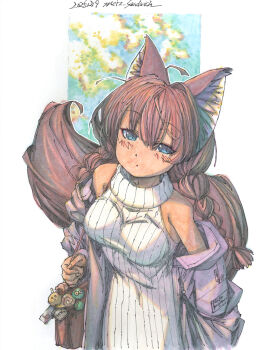 1girl animal_ears bag blush border braid breasts brown_hair commentary_request dress fingernails fox_ears fox_girl fox_tail from_above hair_between_eyes highres jacket long_fingernails looking_at_viewer looking_up low_twin_braids making-of_available marker_(medium) medium_breasts meiz narrowed_eyes off-shoulder_jacket off_shoulder original outdoors outline painting_(medium) pin pink_jacket shoulder_bag signature sleeveless sleeveless_dress solo sticker tail traditional_media turtleneck turtleneck_dress twin_braids watercolor_(medium) white_border white_outline