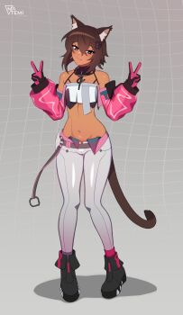 1boy absurdres arknights arknights:_endfield arms_up bare_shoulders belt black_gloves black_shoes blue_eyes brown_hair bulge cat_boy cosplay crop_top dark-skinned_male dark_skin detached_sleeves double_v full_body gloves grid_background hair_between_eyes hair_ornament highres legs long_sleeves looking_at_viewer matemi navel original oskar_(coffee.png) puffy_long_sleeves puffy_sleeves shadow shoes short_hair simple_background stomach thighs v yvonne_(arknights) yvonne_(arknights)_(cosplay)