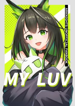 1girl :d absurdres animal_ears arknights bare_shoulders black_hair black_jacket border colored_inner_hair commentary_request english_text fang green_eyes green_hair green_shirt green_streaks grey_border head_tilt highres holding holding_stuffed_toy hugging_object jacket k@bu light_blush looking_at_viewer mon3tr_(arknights) multicolored_hair off_shoulder open_mouth shirt short_hair skin_fang sleeveless sleeveless_shirt smile solo straight-on streaked_hair stuffed_animal stuffed_toy upper_body