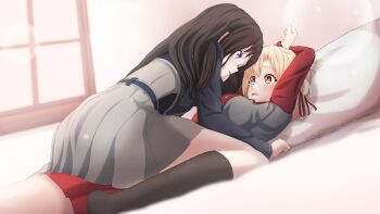 2girls absurdres asutokun_th black_hair blonde_hair blue_dress blush breasts commentary dress english_commentary grey_dress hair_ribbon highres inoue_takina long_hair lycoris_recoil lycoris_uniform multiple_girls nishikigi_chisato open_mouth purple_eyes red_dress red_eyes red_ribbon ribbon shirt short_hair two-tone_dress yuri