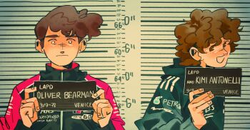 Rule 34 | 2boys, :d, andrea kimi antonelli, barbie mugshot (meme), black jacket, blank eyes, brown eyes, brown hair, character name, closed mouth, commentary, english commentary, formula one, highres, holding, holding sign, jacket, looking at viewer, male focus, meme, mugshot, multiple boys, oliver bearman, open mouth, real life, short hair, sign, smile, sog goog