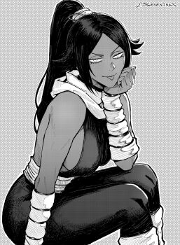 1girl artist_name bare_shoulders black_hair bleach breasts dark-skinned_female dark_skin female_focus hand_on_own_chin large_breasts long_hair looking_at_viewer parted_bangs ponytail seveninks shihouin_yoruichi sideboob simple_background sitting tongue tongue_out