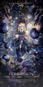 1girl absurdres asymmetrical_legwear bird boat bracelet capelet closed_mouth commission crescent dove dress flower full_body hair_between_eyes highres jewelry light_particles long_hair long_sleeves looking_to_the_side lying mihuashi_commission mismatched_legwear on_back on_boat original purple_capelet purple_dress shoes sidelocks solo watercraft watermark white_bird white_flower white_hair yan_zi_yao_yu