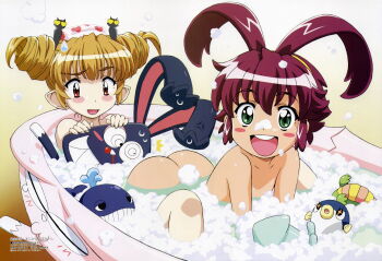 +_+ 2girls :3 :d =_= absurdres all_fours antenna_hair arched_back ass bath bathtub bent_over blonde_hair blood blush blush_stickers bubble bubble_bath crazy_eyes drill_hair fang fish flat_chest green_eyes grin hair_between_eyes hair_ornament hairband heart highres holding indoors kaneko_hiraku loli looking_at_viewer megami_magazine multiple_girls nosebleed official_art open_mouth pachira partially_submerged pointy_ears purple_hair rabbit red_eyes red_hair renkin_san-kyuu_magical_pokaan scan short_hair sitting smile soap squid staring sweatdrop symbol-shaped_pupils toy turtle twin_drills twintails vampire water whale yuuma_(magipoka)