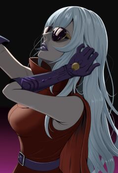 absurdres akitsuiri_tsuki archnemon belt breasts cape digimon digimon_(creature) digimon_adventure_02 digimon_ghost_game elbow_gloves gloves gradient_background hand_in_own_hair highres large_breasts long_hair pointy_nose purple_belt purple_gloves purple_lips red_cape sunglasses white_hair