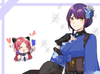 &gt;_&lt; 2girls :3 :d afterimage arm_at_side assault_lily black_bow black_choker black_gloves black_skirt black_thighhighs blue_bow blue_flower blue_kimono blue_rose blue_sailor_collar blush bow braid brooch butterfly_hair_ornament chibi chibi_inset choker closed_mouth commentary_request corset cropped_torso detached_sleeves fingerless_gloves floral_print flower frilled_gloves frilled_shirt_collar frilled_skirt frilled_sleeves frilled_thighhighs frills funada_kiito gloves glowstick green_eyes hair_flower hair_ornament hairpods hand_on_own_chest hand_up hands_up heart holding holding_glowstick inset_border japanese_clothes jewelry kimono knees_up layered_sleeves long_sleeves looking_at_viewer miniskirt mole mole_under_eye motion_lines multiple_girls neckerchief nigari_(ngari_0115) odaiba_girls_high_school_uniform official_alternate_costume official_alternate_hairstyle open_mouth outside_border parted_bangs penlight_(glowstick) print_gloves print_kimono purple_hair purple_neckerchief red_hair ribbon rose sailor_collar school_uniform serafuku shiba_tomoshibi short_hair side_braid single_braid sitting skirt smile sparkle thigh_bow thighhighs underbust upper_body white_background white_flower white_rose wide_sleeves yellow_ribbon