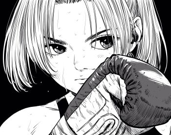 1girl boxing_gloves close-up commentary_request forehead greyscale hatching_(texture) highres lee_(dragon_garou) light_frown lips monochrome original ponytail portrait serious sideways_glance solo sports_bra sweat very_sweaty