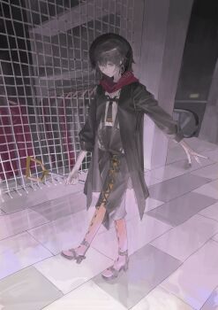 1boy ay4_la black_coat black_hair coat earrings full_body highres holding holding_shovel indoors jewelry light_smile looking_down male_focus mashiro_meme mashiro_meme_(1st_costume) nail_polish nijisanji open_clothes open_coat pantyhose red_scarf sandals scarf short_hair shovel solo standing standing_on_one_leg suspenders virtual_youtuber yellow_pantyhose