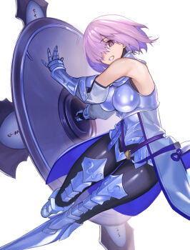1girl armor armored_boots bare_shoulders black_pantyhose blue_trim boots breastplate breasts colored_inner_hair commentary_request fate/grand_order fate_(series) faulds gauntlets genshu_doki grin hair_over_one_eye highres large_breasts looking_at_viewer lord_camelot_(fate) mash_kyrielight mash_kyrielight_(paladin) multicolored_hair pantyhose pink_hair purple_eyes purple_hair shield short_hair showgirl_skirt skirt smile solo thigh_boots thighs white_armor white_skirt