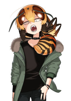 1girl ahoge antennae arthropod_girl black_choker black_hair black_shirt bracelet choker collarbone commentary_request earrings evolvingmonkey fangs fur-trimmed_jacket fur_trim green_jacket hair_between_eyes highres jacket jewelry multicolored_hair open_mouth orange_hair original ring shirt simple_background slit_pupils solo teeth tongue wasp wasp_girl white_background