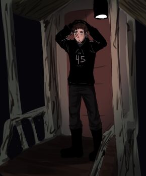 Rule 34 | 1boy, :o, afraid of monsters, awning, beard stubble, black hoodie, boots, brown hair, david leatherhoff, facial hair, full body, hand on own head, highres, hood, hood down, hoodie, male focus, night, porch, print hoodie, raykills, scar, scar on face, solo, standing, striped clothes, stubble