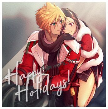 Rule 34 | 1boy, 1girl, arms around waist, bare legs, black hair, black scarf, blonde hair, blue eyes, blue skirt, blurry, blurry background, capelet, christmas, closed mouth, cloud strife, cloud strife (holiday outfit), commentary request, couple, final fantasy, final fantasy vii, final fantasy vii: ever crisis, fur-trimmed capelet, fur-trimmed footwear, fur-trimmed jacket, fur-trimmed skirt, fur trim, happy holidays, head on another's back, hug, hug from behind, jacket, long hair, looking at another, looking back, minato (ct 777), miniskirt, motor vehicle, motorcycle, official alternate costume, on motorcycle, open clothes, open jacket, red capelet, red eyes, red jacket, red skirt, ribbed sweater, santa costume, scarf, short hair, side slit, sitting, skirt, smile, spiked hair, sweater, tifa lockhart, tifa lockhart (fairy of the holy flame), turtleneck, turtleneck sweater, twitter username, white sweater