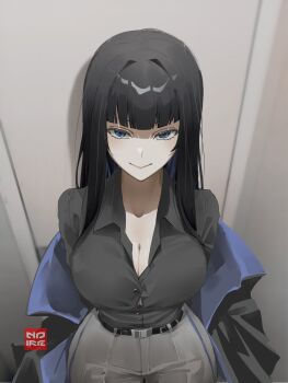 1girl black_hair black_shirt blue_eyes blue_jacket blunt_bangs breasts button_gap cleavage closed_mouth collarbone commentary cowboy_shot english_commentary from_above grey_background grey_pants highres jacket jacket_partially_removed large_breasts long_hair looking_at_viewer nina_katsuragi nishizuu original pants shirt shirt_tucked_in smile solo straight_hair