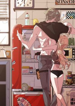1boy 1girl alcohol apple arm_strap ass back bare_legs bare_shoulders beer black_panties black_shirt blonde_hair box cabbage clock coffee cup cup_ramen egg food from_behind fruit green_hair grey_pants grey_shirt hug kitchen lighter_(zenless_zone_zero) long_hair looking_at_another luciana_de_montefio microwave multiple_scars nanawo noodles note panties pants refrigerator scar scar_on_back shirt short_hair size_difference thigh_strap toaster torso underwear vegetable water window yogurt zenless_zone_zero