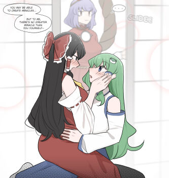 ... 3girls black_hair blush bow commentary commission detached_sleeves english_commentary english_text frog_hair_ornament hair_bow hair_ornament hair_tubes hakurei_reimu highres indoors kochiya_sanae long_hair looking_at_another mata_(matasoup) multiple_girls nontraditional_miko open_mouth purple_hair red_bow red_eyes ribbon-trimmed_sleeves ribbon_trim short_hair sitting speech_bubble spoken_ellipsis thought_bubble touhou yasaka_kanako yuri