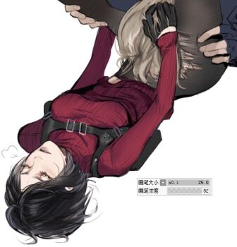 1boy 1girl ada_wong art_program_in_frame black_gloves black_hair black_shirt blonde_hair breasts chest_harness clothes_lift commentary_request dress dress_lift fingerless_gloves gloves hand_in_another's_hair harness head_between_thighs heavy_breathing hetero implied_cunnilingus leon_s._kennedy medium_breasts meow_(cindy738) pantyhose parted_bangs parted_lips red_dress resident_evil resident_evil_4 resident_evil_4_(remake) shirt short_dress short_hair sweater sweater_dress torn_clothes torn_pantyhose turtleneck turtleneck_dress white_background