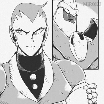 Rule 34 | 1990s (style), 1girl, akiyama tsubaki, commentary request, earrings, getter robo, getter robo daikessen!, getter shiten, greyscale, ishikawa ken (style), jewelry, light frown, mecha, mecha focus, mecha pilot suit, miroku (miroku t), monochrome, official style, portrait, retro artstyle, robot, short hair, sphere earrings, super robot, v-shaped eyebrows, very short hair