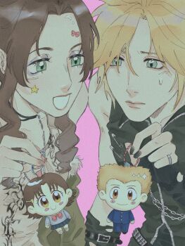 1boy 1girl aerith_gainsborough alternate_costume aqua_eyes belt black_choker black_nails black_shoes black_vest blonde_hair blush_stickers bow bow_sticker bowtie brown_eyes brown_hair character_charm charm_(object) choker clerithfication closed_mouth cloud_strife eguchi_tappei final_fantasy final_fantasy_vii fur-trimmed_jacket fur_trim furrowed_brow gakuran green_eyes hair_between_eyes highres jacket jacket_partially_removed kocchi_muite!_miiko light_blush long_hair nail_bow nail_polish parted_bangs parted_lips pink_background pink_nails pinky_ring pleated_skirt print_shirt red_bow red_bowtie school_uniform shirt shoes short_hair sidelocks skirt star_(symbol) star_sticker sticker sticker_on_face studded_belt sweatdrop teeth upper_body vest white_shirt white_shoes yamada_miiko