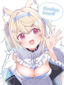 1girl animal_ear_fluff animal_ears belt_collar black_collar black_jacket blonde_hair blue_hair breasts cleavage collar comomo dog_ears dog_girl dress fuwawa_abyssgard fuwawa_abyssgard_(1st_costume) highres hololive hololive_english jacket large_breasts long_hair multicolored_hair open_mouth pink_eyes smile solo streaked_hair two_side_up very_long_hair virtual_youtuber white_background white_dress