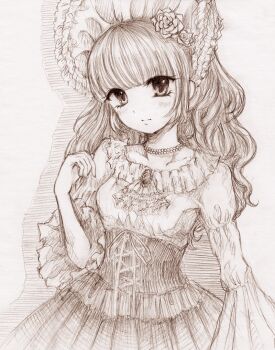 1girl ascot bead_necklace beads bell_sleeves blush bonnet breasts brooch closed_mouth collarbone commentary_request corset cross-laced_clothes cross-laced_corset dress flower frilled_bonnet frills graphite_(medium) greyscale hair_flower hair_ornament hand_up ichiha_sanami jewelry long_hair long_sleeves looking_at_viewer monochrome necklace original shy small_breasts solo traditional_media wavy_hair