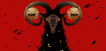 black_fur elden_ring elden_ring_nightreign extra_eyes highres horizontal_pupils horns libra_(elden_ring) miqo_te monster no_humans red_background simple_background solo yellow_eyes