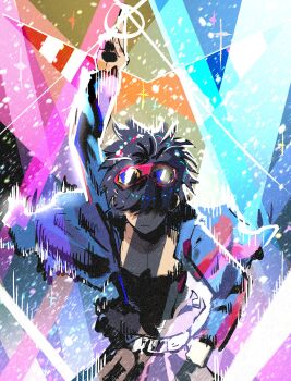 1boy absurdres armband black_hair blue_jacket brown_shorts goggles goggles_on_head hair_over_eyes highres jacket kamina_pose kamina_shades naked_jacket pointing pointing_up red_armband shorts simon_(ttgl) tengen_toppa_gurren_lagann triangular_eyewear upper_body youngweb5