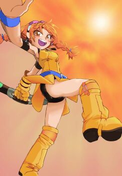 1girl :d aika_(eternal_arcadia) bike_shorts boots braid brown_eyes earrings eternal_arcadia female_focus full_body gloves goggles goggles_on_head jewelry kawakami_tomoko knee_boots onnaski open_mouth orange_hair orange_theme shirt short_hair sleeveless sleeveless_shirt smile solo twin_braids twintails weapon yellow_boots