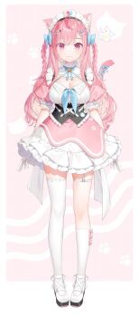 1girl ahoge animal_ears animal_hands badge bell belt blue_bow blue_ribbon blush bow bow_legwear braid breasts button_badge cat_ears cat_girl cat_hair_ornament cat_tail cleavage closed_mouth dress extra_ears full_body garter_straps gloves hair_bow hair_ornament hairclip heart heart_print highres indie_virtual_youtuber jingle_bell large_breasts long_hair looking_at_viewer maid maid_headdress neck_bell neck_ribbon official_art paw_print pink_background pink_bow pink_dress pink_eyes pink_hair pink_tail ribbon shoes short_sleeves single_garter_strap single_thighhigh socks solo star_(symbol) star_hair_ornament suspenders tail tail_ornament tail_ribbon thigh_belt thigh_strap thighhighs thighs two_side_up underbust virtual_youtuber white_belt white_dress white_garter_straps white_gloves white_shoes white_socks white_thighhighs yuuki_hagure yuuki_sakuna