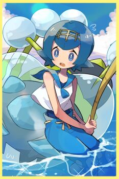 araquanid blue_eyes blue_hair blue_pants blue_sky border bright_pupils bug cloud gen_7_pokemon highres lana_(pokemon) nintendo open_mouth pants pokemon pokemon_(creature) pokemon_sm short_hair sky spider tiara water white_pupils yellow_border yunme