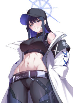1girl abs absurdres belt black_belt black_hair black_hat black_pants blue_archive blue_eyes blue_hair blue_halo breasts commentary_request commission halo hat highres kurosaki_saya long_hair looking_at_viewer medium_breasts midriff multicolored_hair navel pants saori_(blue_archive) simple_background skeb_commission solo standing two-tone_hair white_background