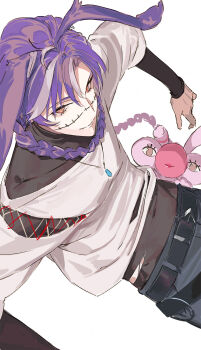 Rule 34 | 1boy, animal ears, belt, black belt, black pants, black shirt, braid, genderswap, genderswap (ftm), hair over shoulder, highres, indie virtual youtuber, jared (michi mochievee), jewelry, layered sleeves, long sleeves, looking at viewer, michi mochievee, multicolored hair, necklace, pako (pakosun), pants, patchwork skin, purple hair, rabbit ears, shirt, short over long sleeves, short sleeves, single braid, sitting, solo, stitched face, stitches, streaked hair, torn clothes, torn shirt, undershirt, virtual youtuber, white background, white hair, white shirt, yellow eyes