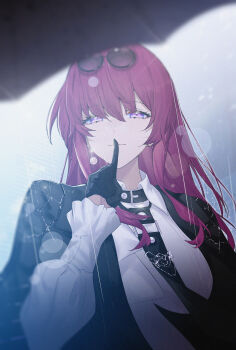 1girl absurdres alternate_costume alternate_hair_length alternate_hairstyle artist_name black_gloves black_jacket black_necktie breasts chinese_commentary commentary_request eyewear_on_head finger_to_mouth glasses gloves hand_up highres honkai:_star_rail honkai_(series) index_finger_raised jacket kafka_(honkai:_star_rail) kafka_(kafka_impression)_(honkai:_star_rail) long_hair looking_at_viewer medium_breasts necktie outdoors pince-nez purple_eyes purple_hair rain round_eyewear shirt shushing solo srpzk sunglasses umbrella upper_body white_shirt