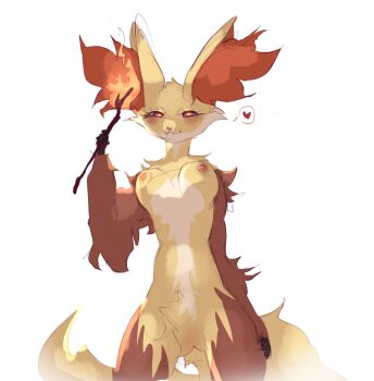 1girl blush breasts curvy delphox fire fluffy fox furry furry_female gen_6_pokemon glowing highres medium_breasts multicolored_fur nintendo nipples pokemon pokemon_(creature) red_eyes red_fur simple_background sketch source_request stick tagme tail verkzst white_fur yellow_fur